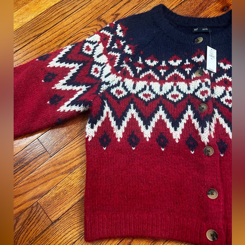 GAP Red Navy Fair Isle Wool Cardigan - Picture 5 of 8